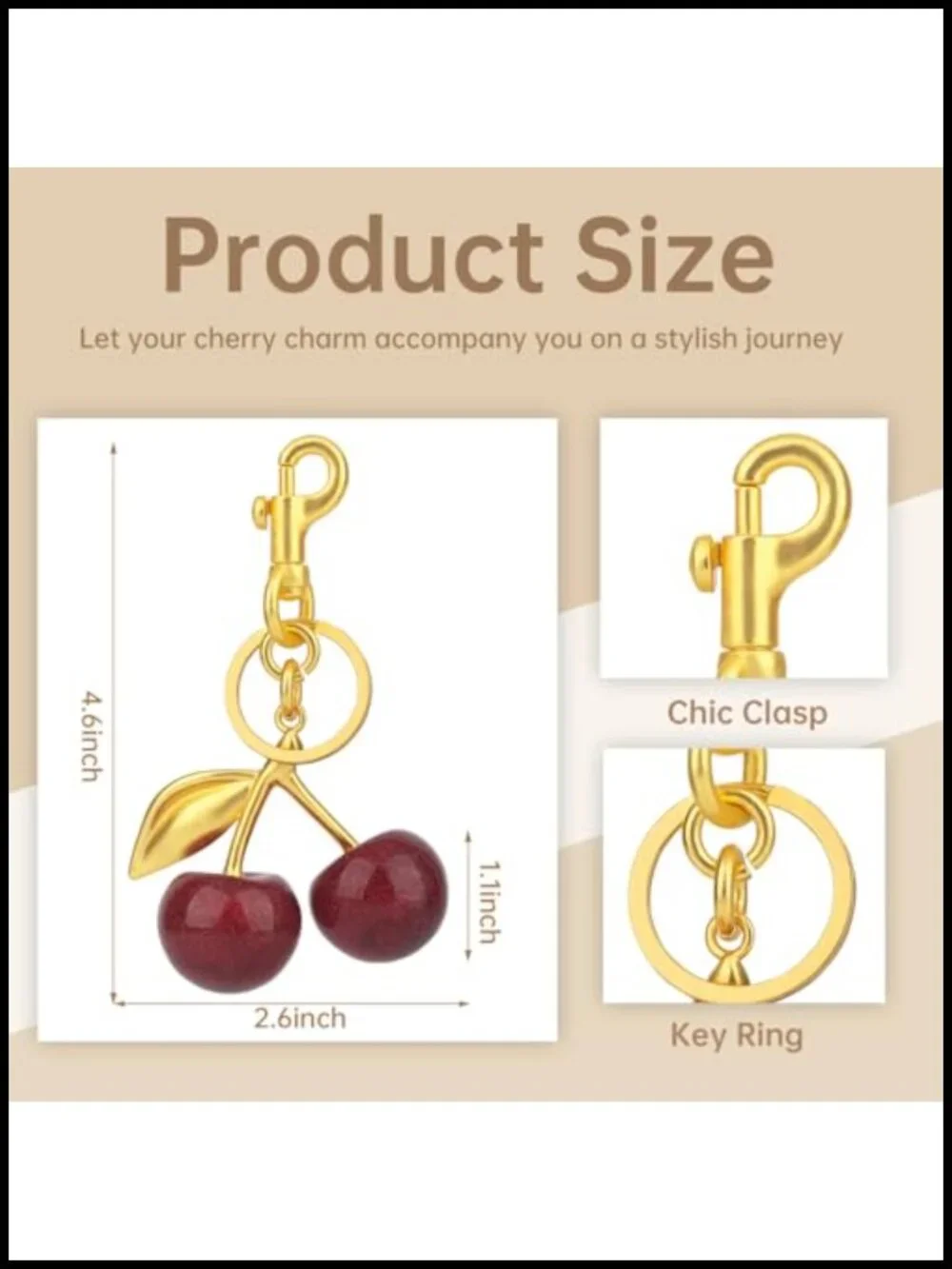 Cherry Keychain Bag Charm Gold-Tone Metal Resin Purse Charm